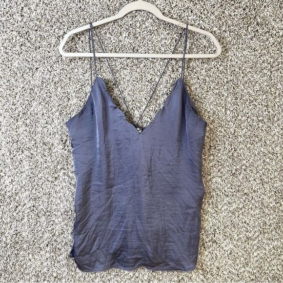 Intimately Free People Top Women’s Small Blue Sensual Satin Scallop Deep V Cami - Picture 1 of 7